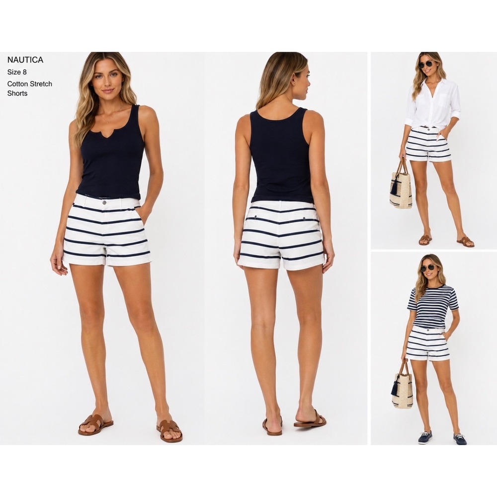 Nautica Womens Navy White Striped Cotton Stretch Twill Shorts Size 8 NWT
